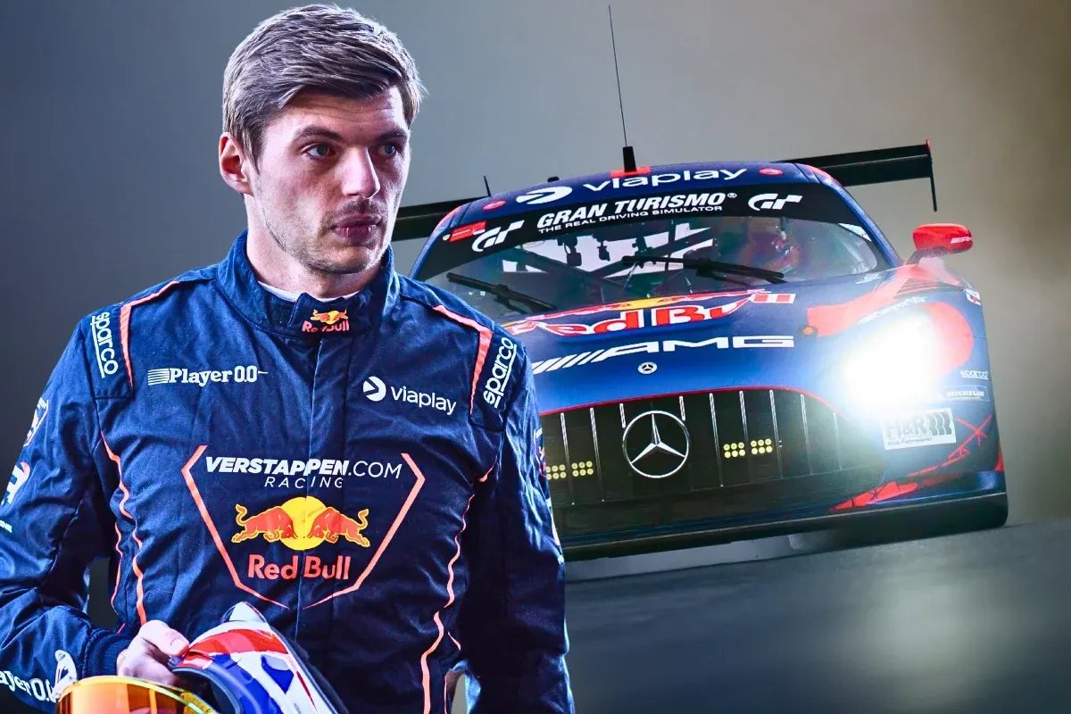 Max Verstappen in front of the Red Bull Mercedes-AMG GT3 at the Nürburgring 24 Hours